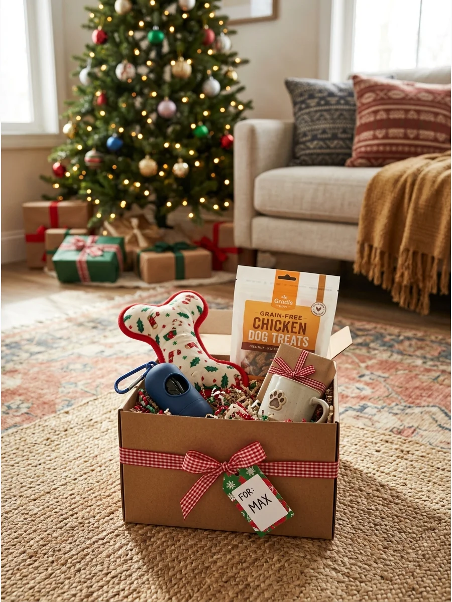 A pet-themed gift box with treats and a toy.