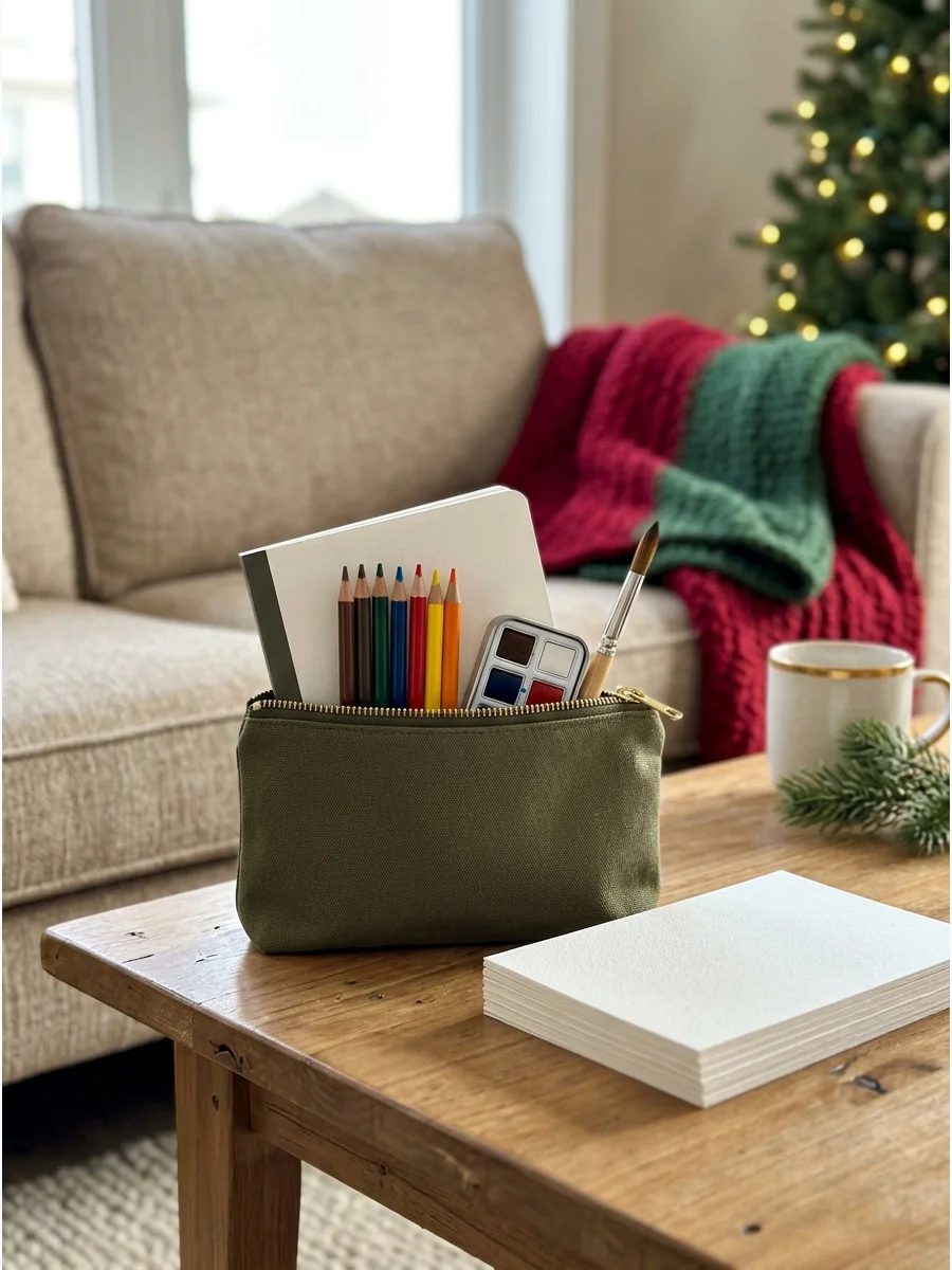 A canvas pouch and sketchbook for a beginner artist gift.