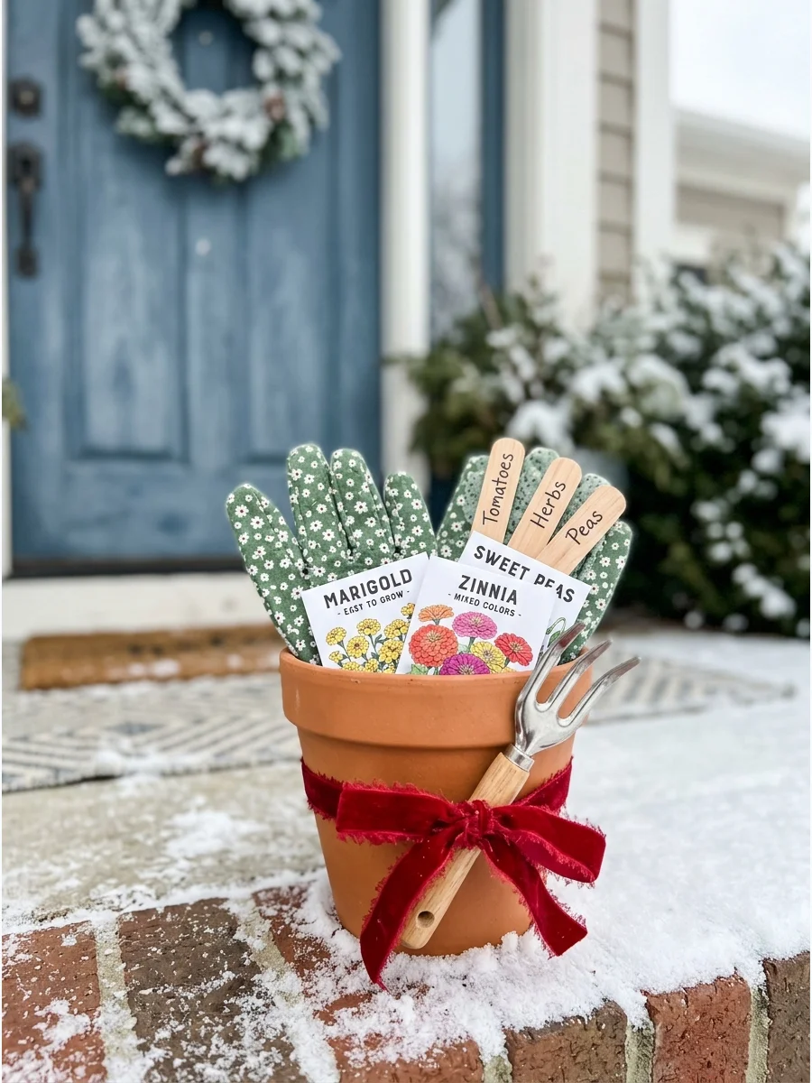 A terracotta pot gardening gift set with seeds and gloves.