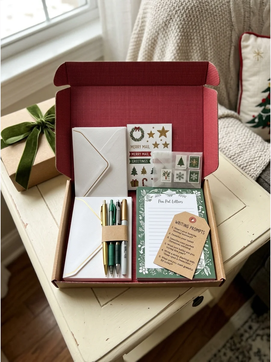 A stationery gift set with paper and pens for letter writing.
