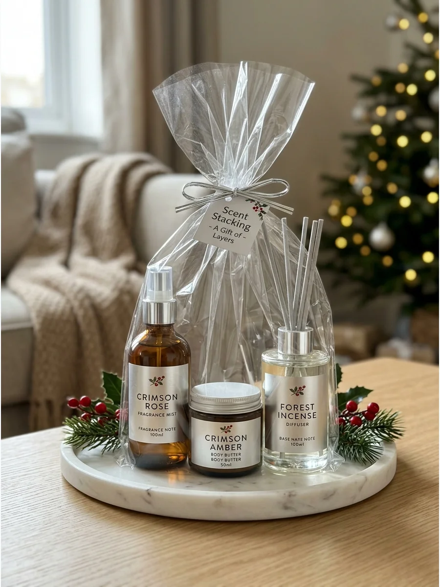 A collection of scented body products and a candle for a gift set.