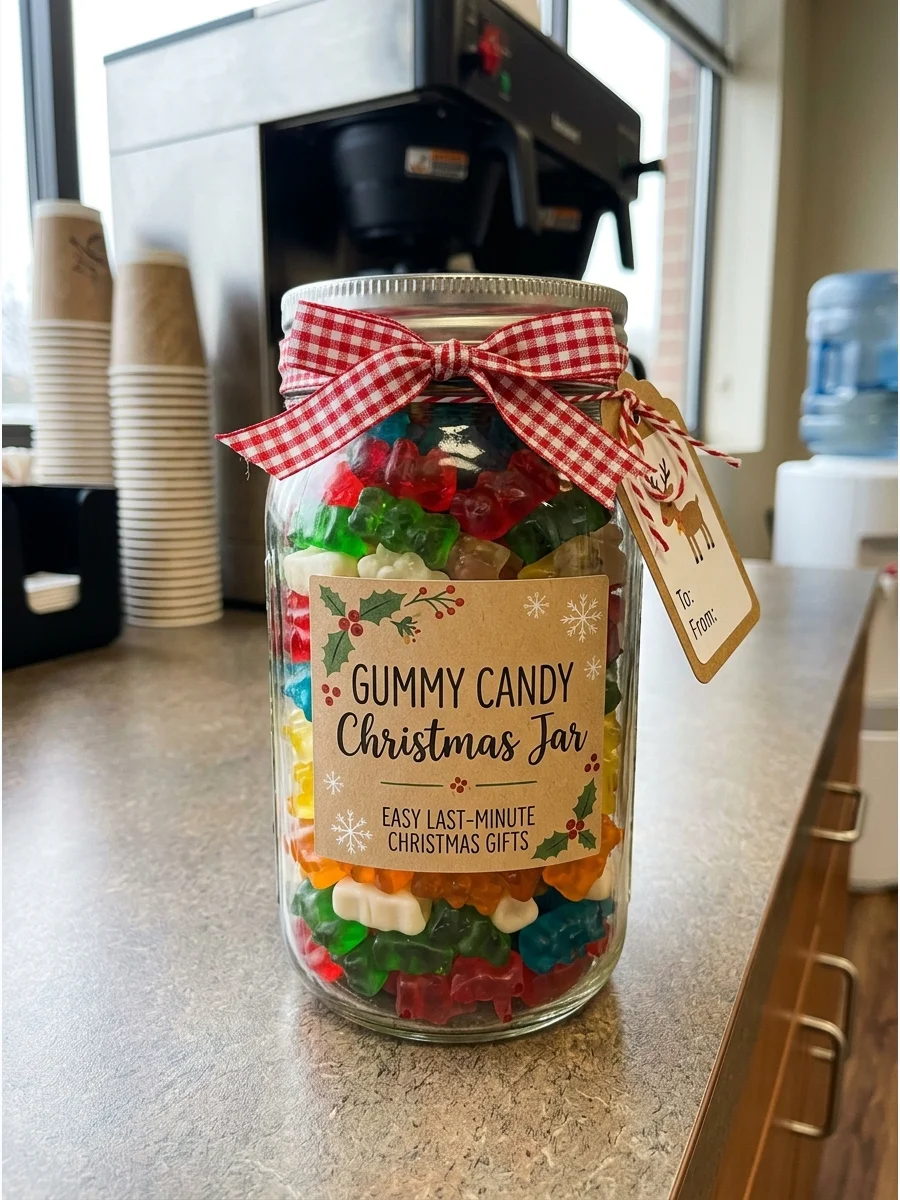 A glass jar filled with layered colorful gummy candies.