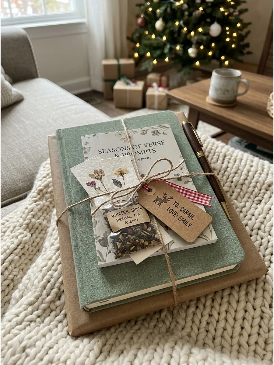 A journal and poetry book gift set on a cozy blanket.