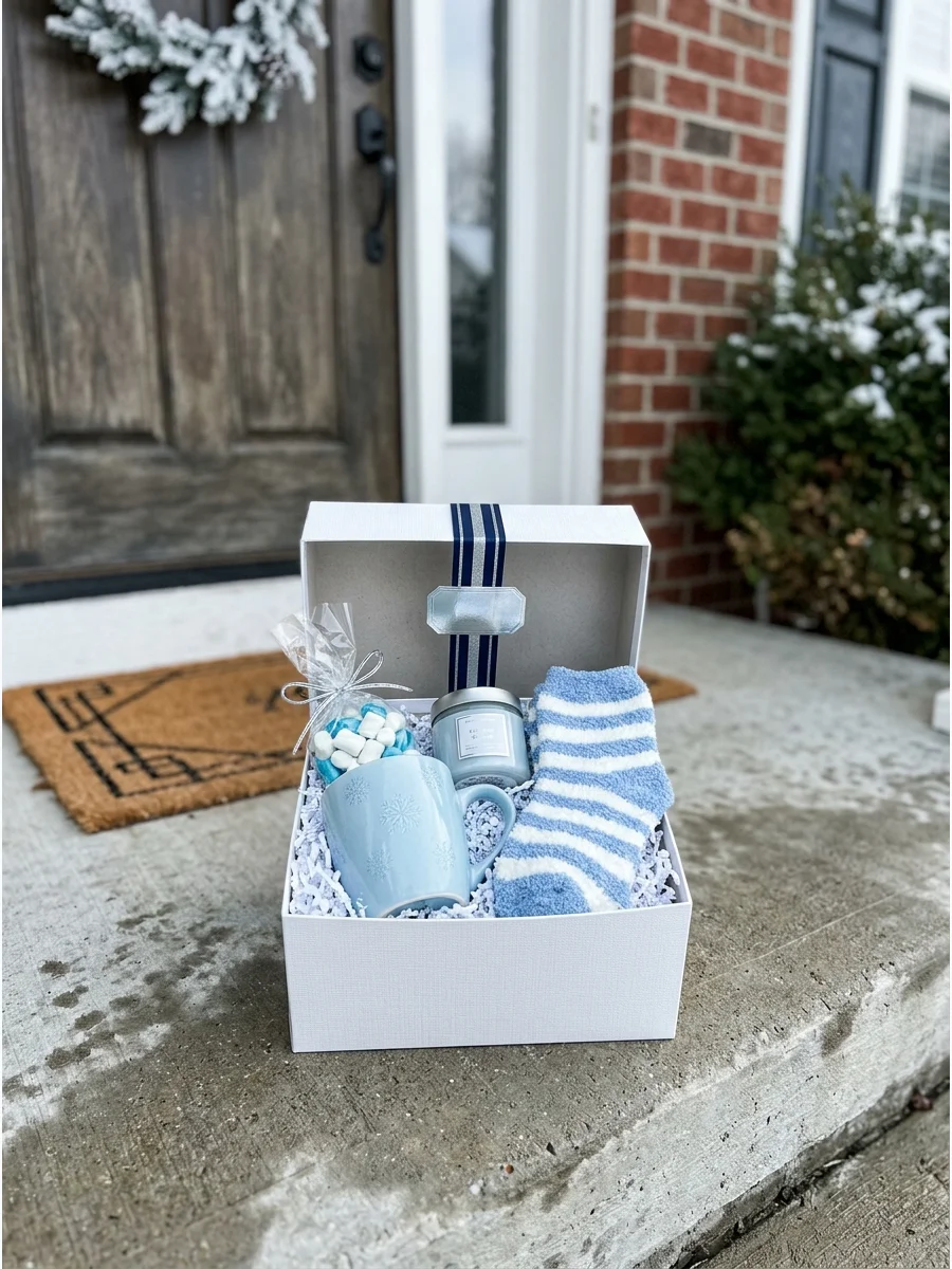A monochromatic blue and silver winter gift box.