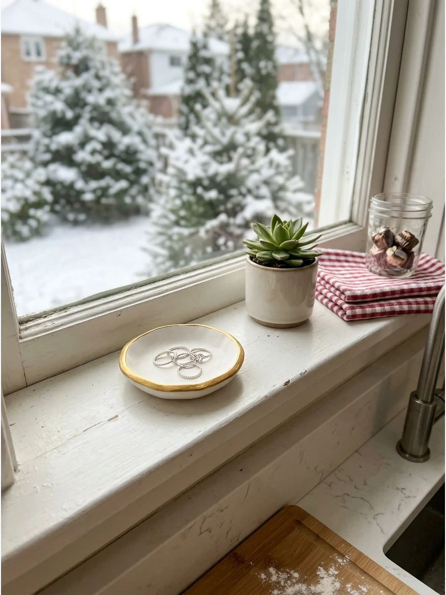 A handmade clay trinket dish with a gold painted edge.