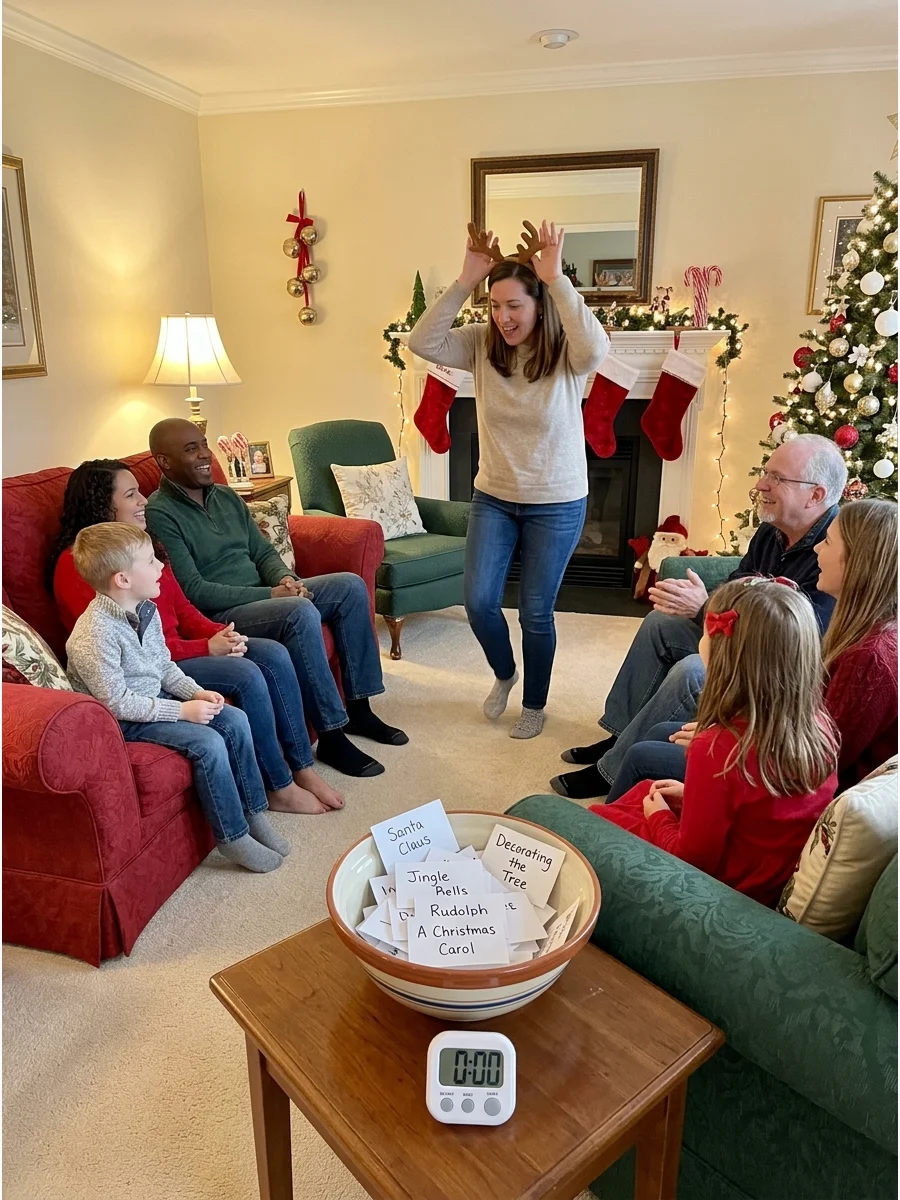 Family playing charades in a decorated living room.