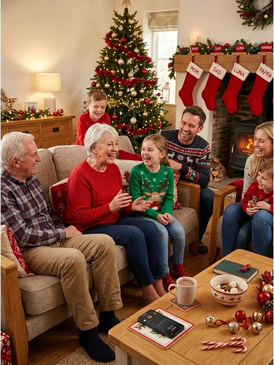 Family laughing together in a festive living room.