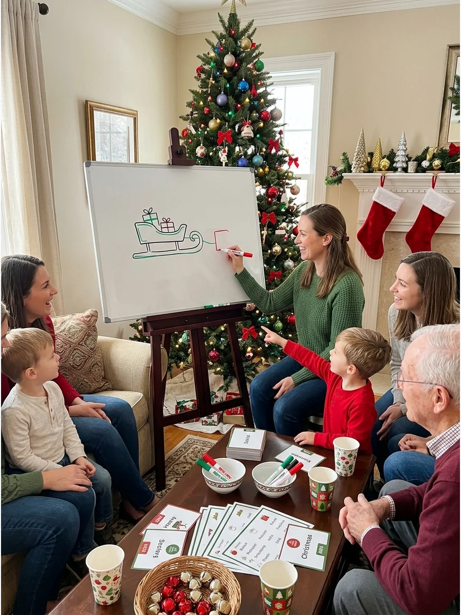 Whiteboard with holiday drawings in a cozy home setting.