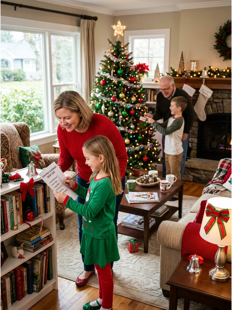 Red and green holiday bows hidden among books on a living room shelf.