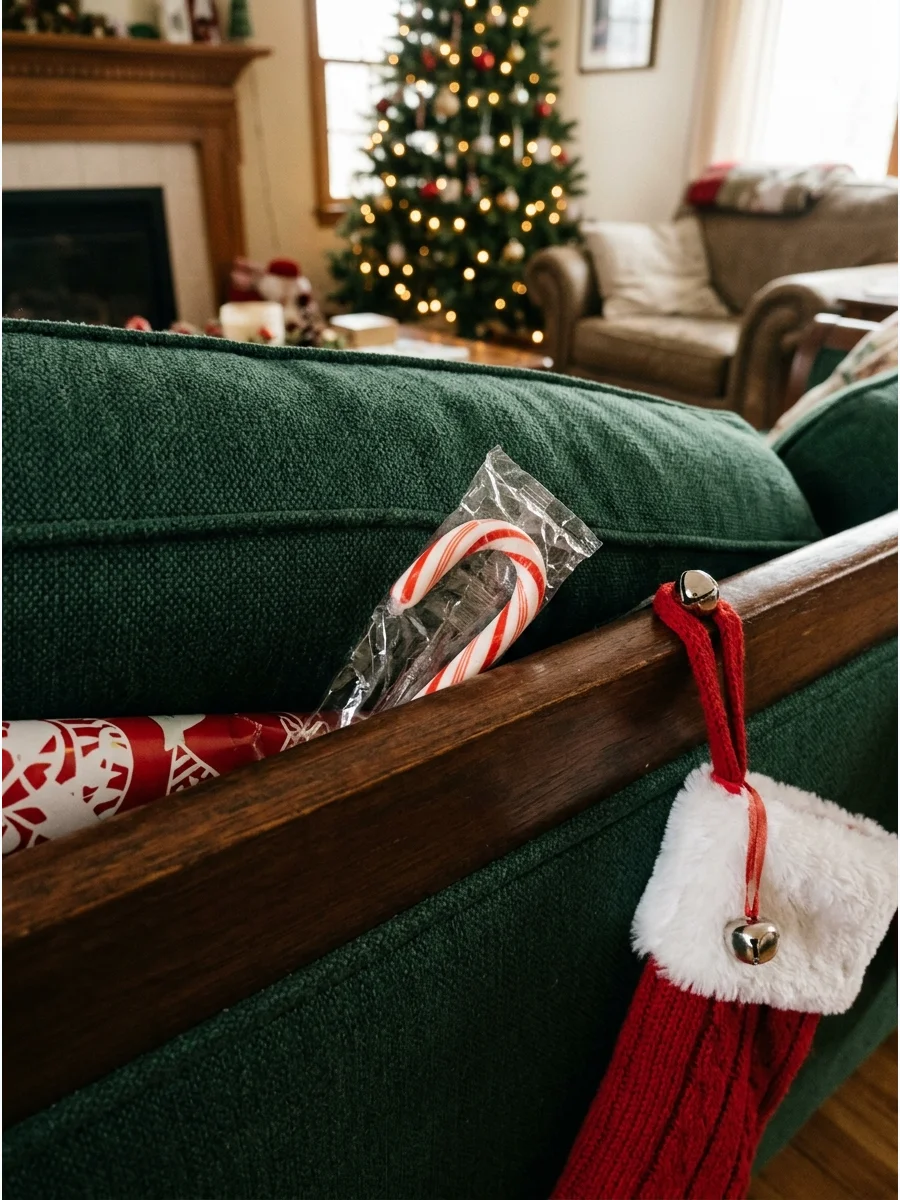 A striped candy cane partially hidden behind a green velvet pillow.