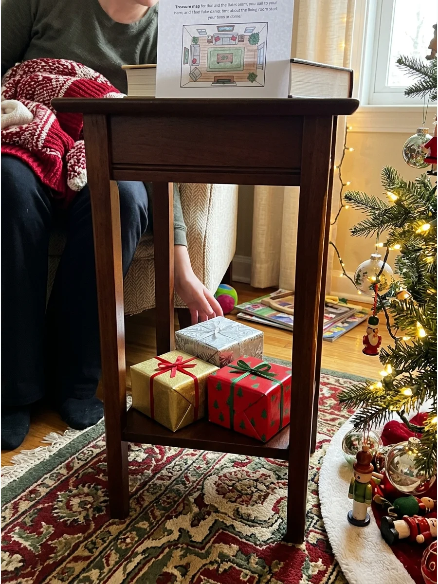 Small gold and silver gifts tucked under a dark wood end table.