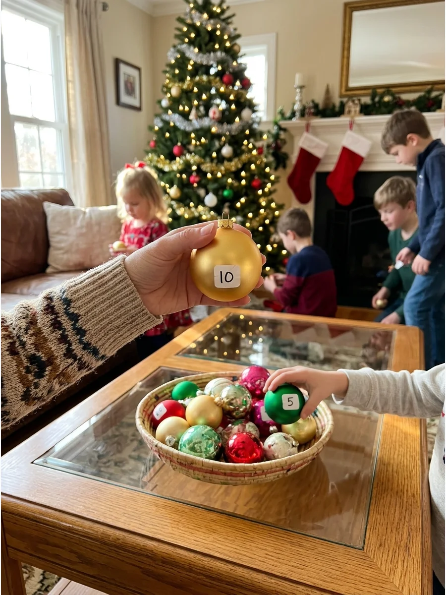 A person holding a gold ornament showing a point value sticker on the bottom.