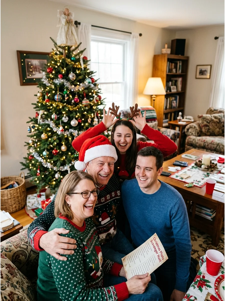 A family taking a group photo in front of a glowing Christmas tree.