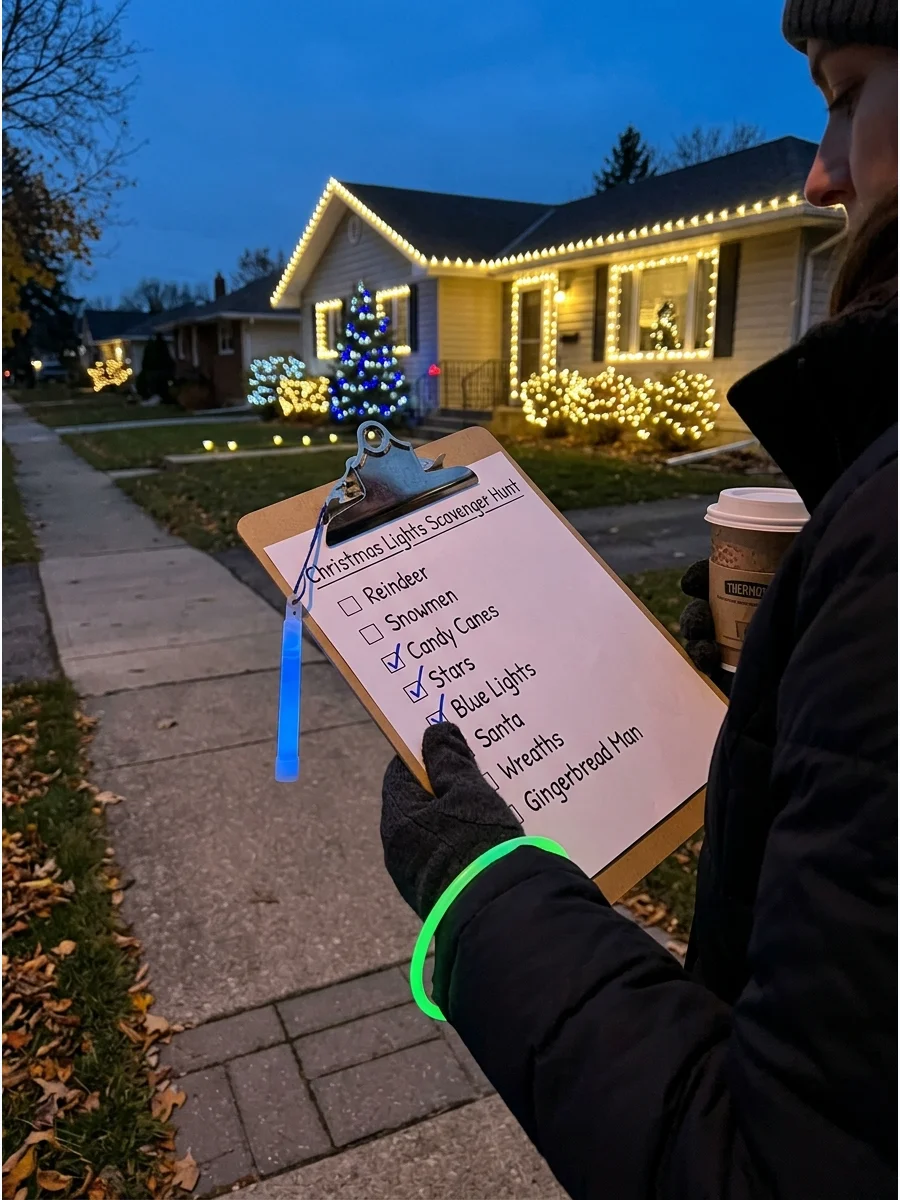 A hand holding a scavenger hunt checklist against a background of festive house lights.