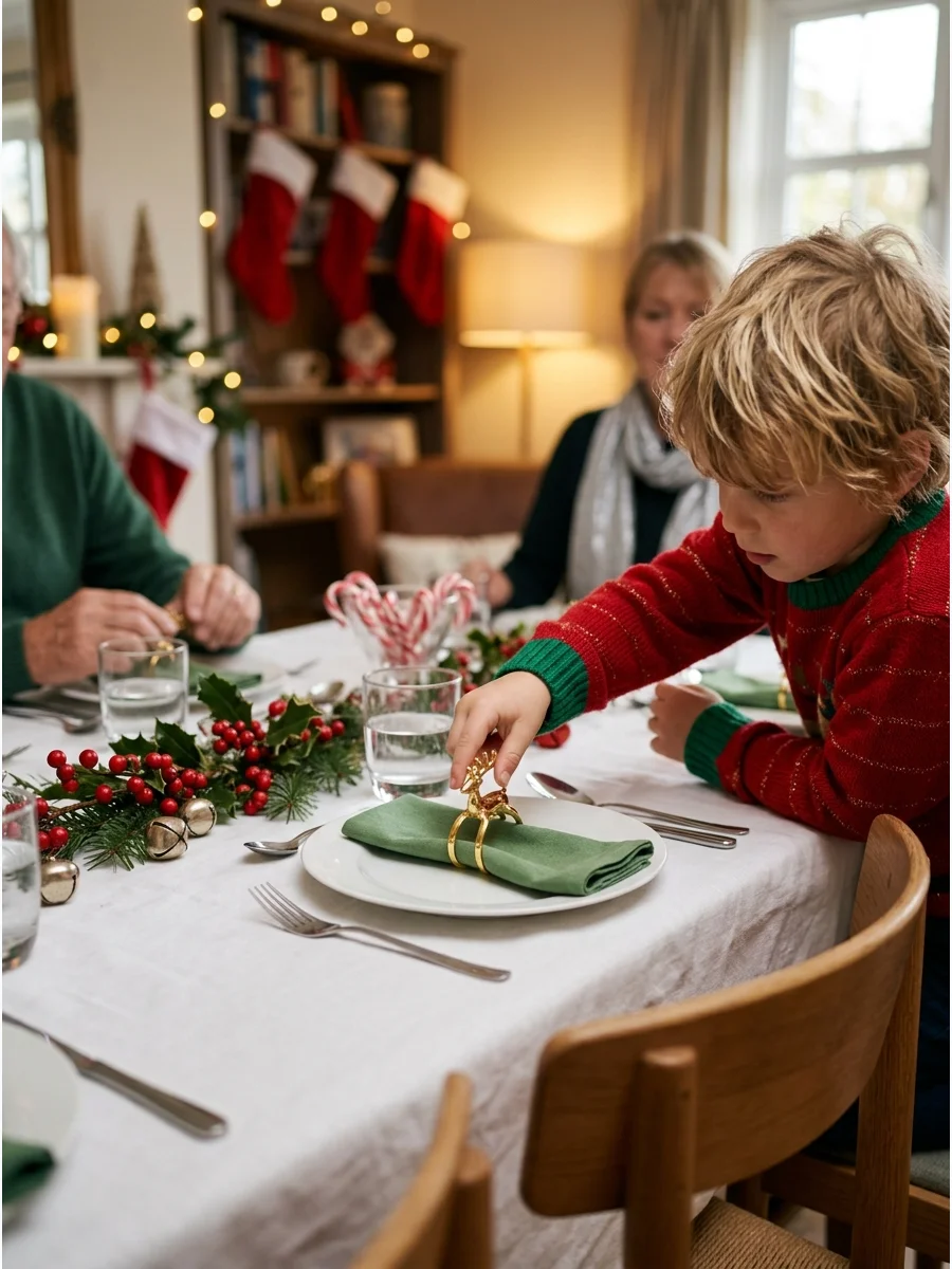 A of a hand touching a gold napkin ring on a festive table.