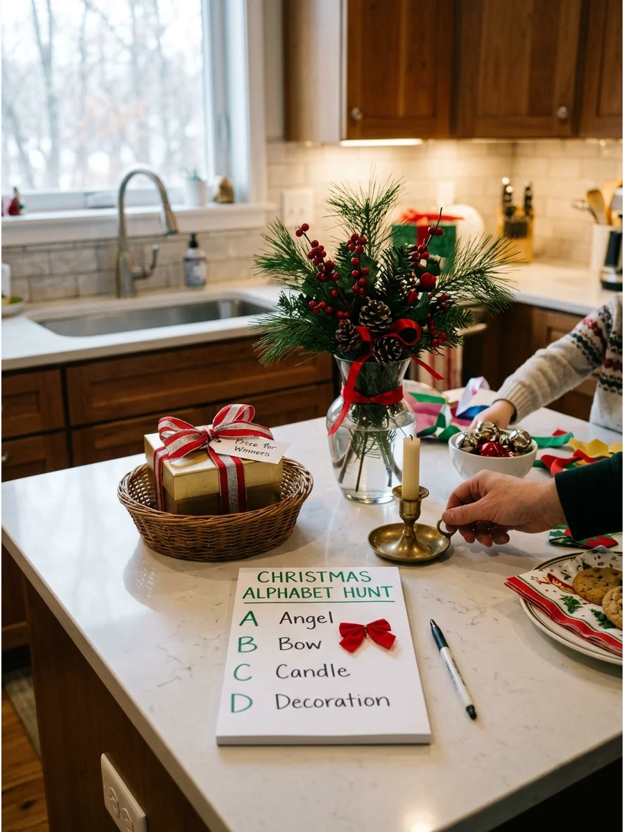 A handwritten list of Christmas items organized by the alphabet on a counter.