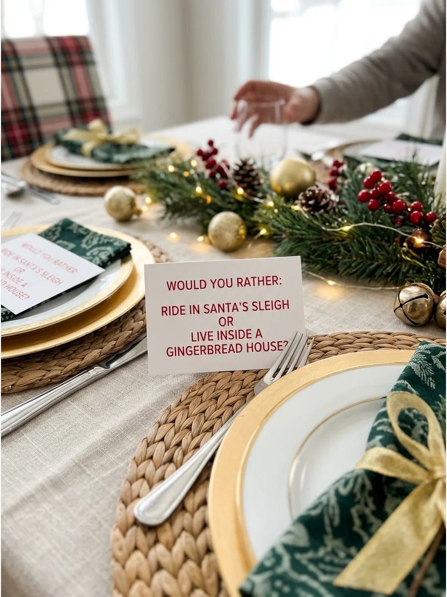 Holiday conversation cards placed on a decorated dining table.