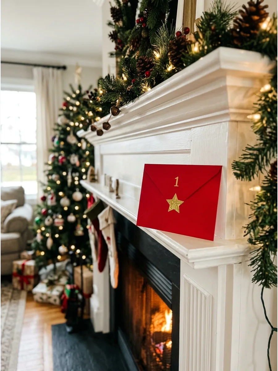 A red envelope with a gold star sitting on a white mantel.