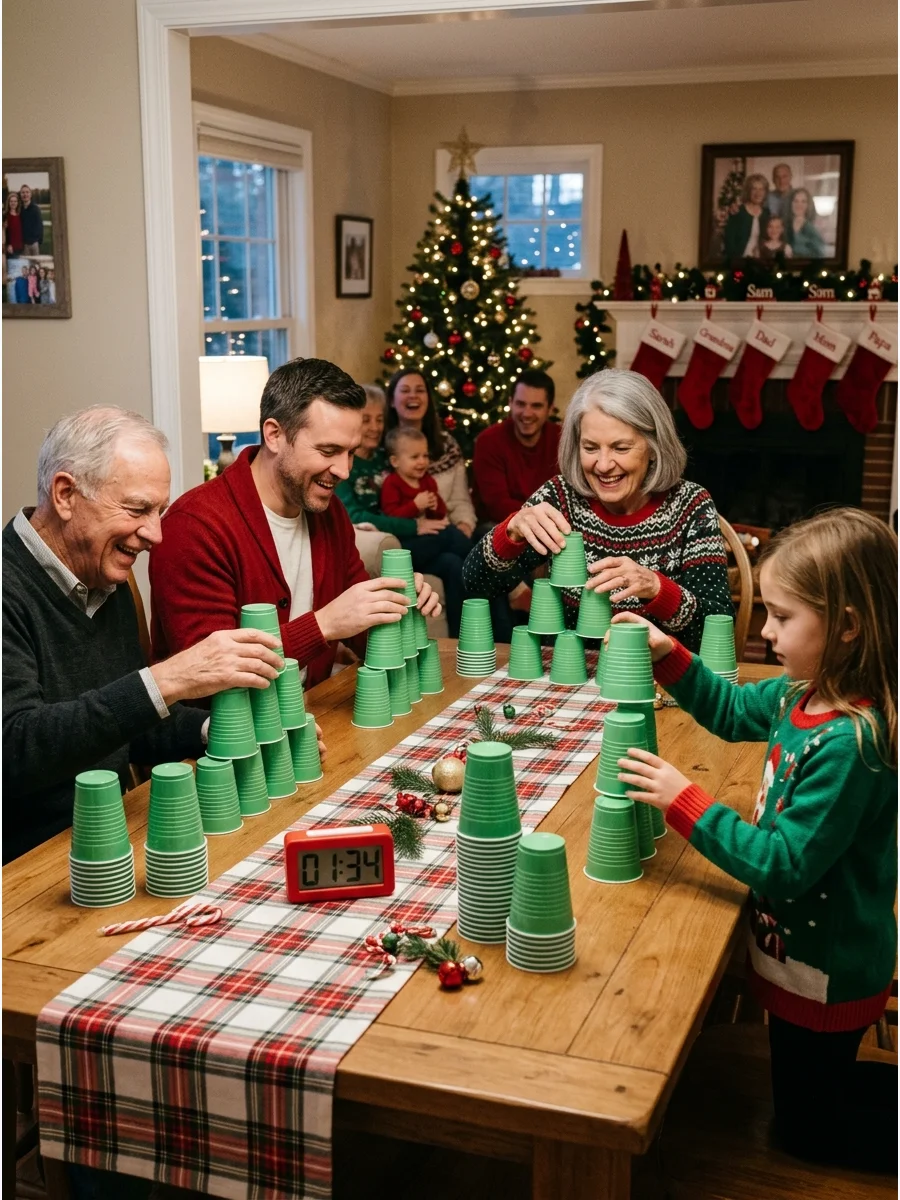 A stack of green plastic cups in a tree shape on a wooden table.