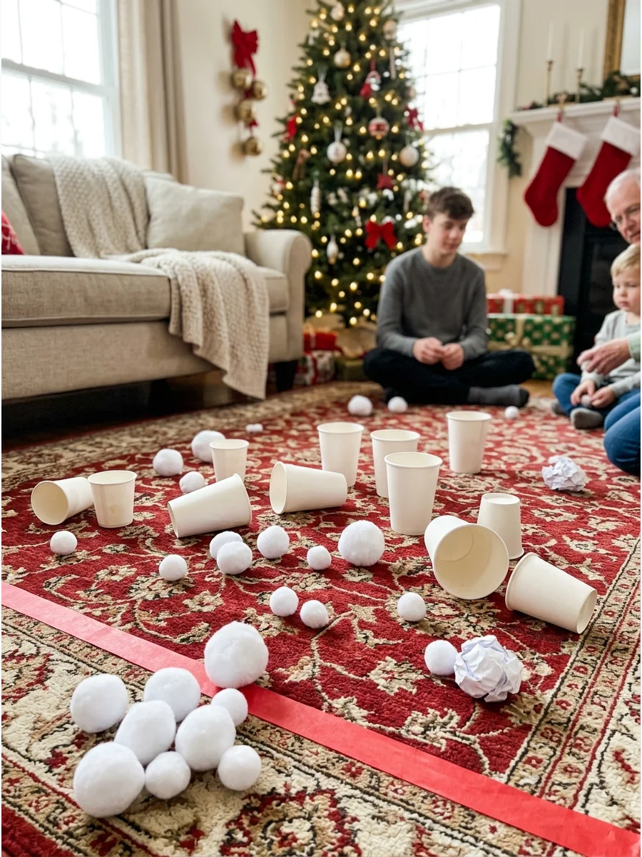 White cups on a red rug with soft white pom-poms used as snowballs.