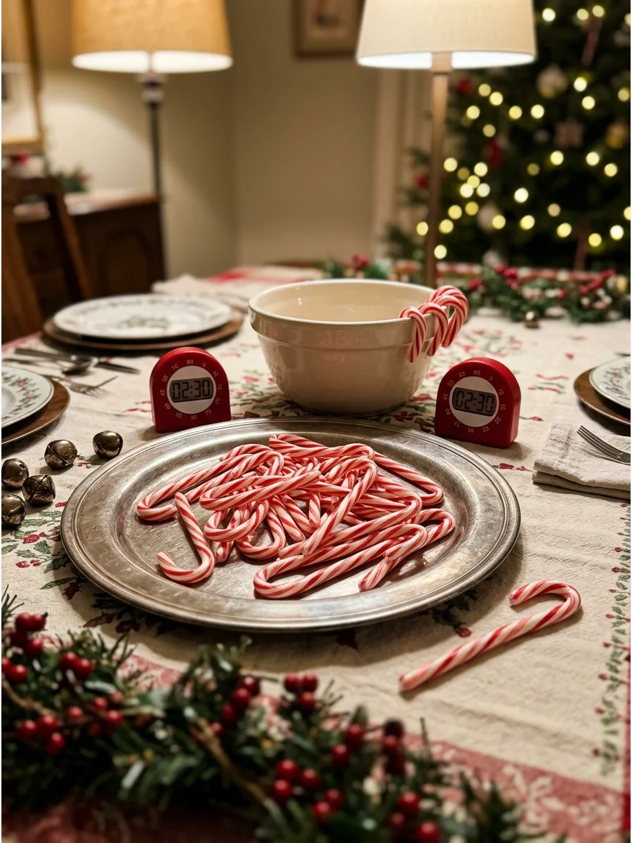 A silver platter filled with many red and white candy canes.