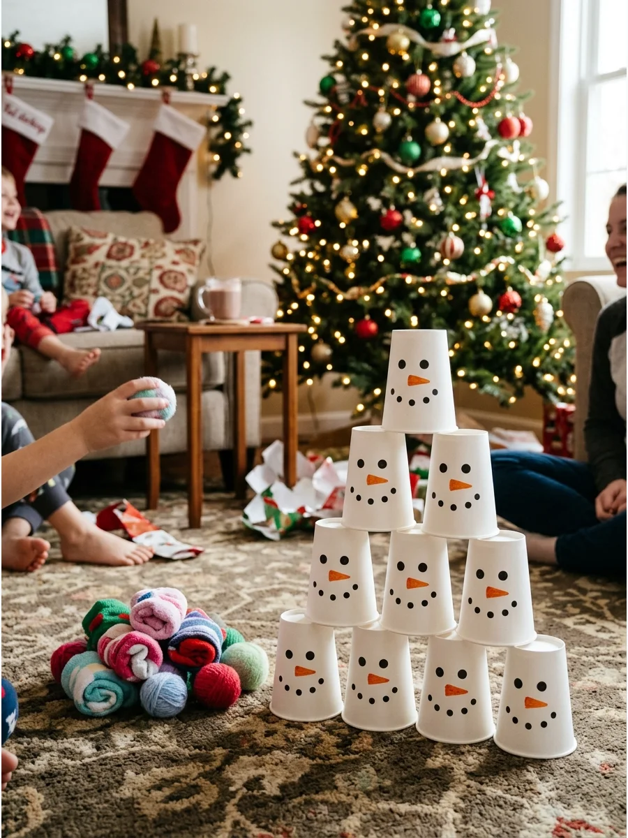 White cups with snowman faces stacked in a pyramid on a carpet.