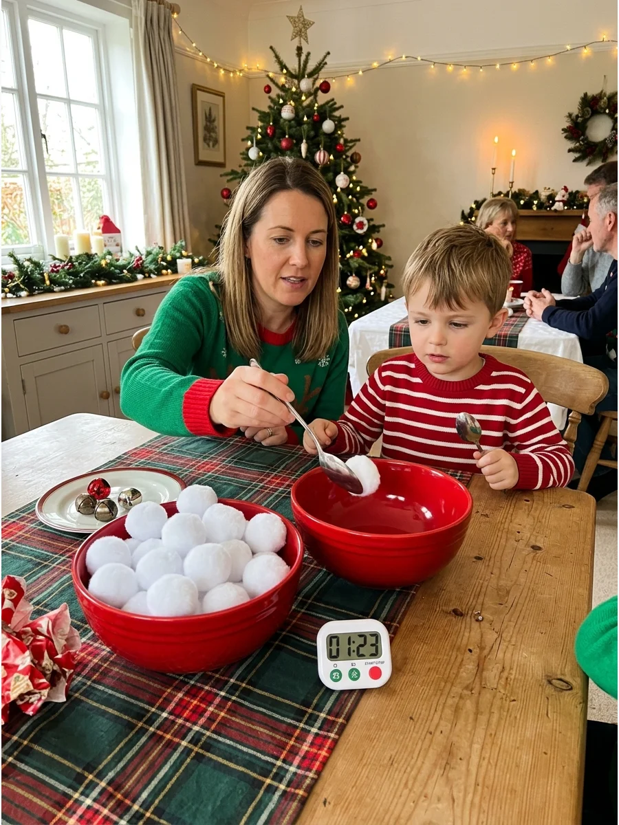 Two red bowls on a table with white craft pom-poms inside one.