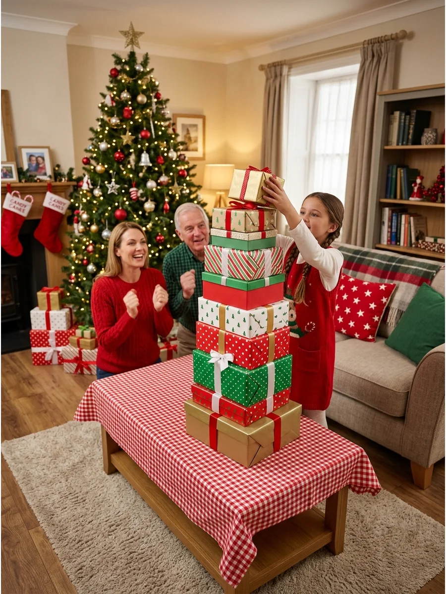 A wobbly stack of wrapped gift boxes in a living room.