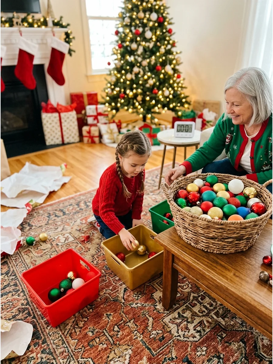 A basket of colorful ornaments and separate bins for sorting.