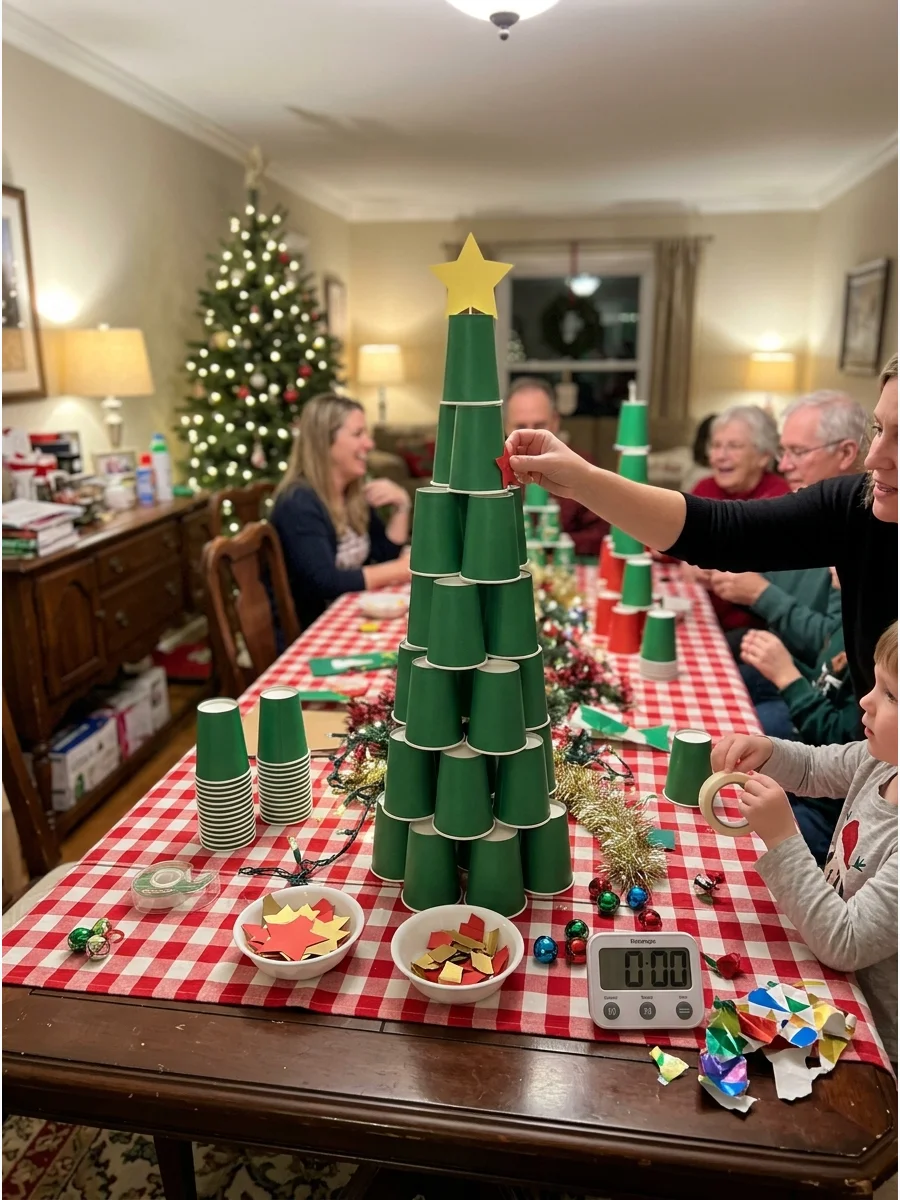 A green paper cup tower with a star on top.