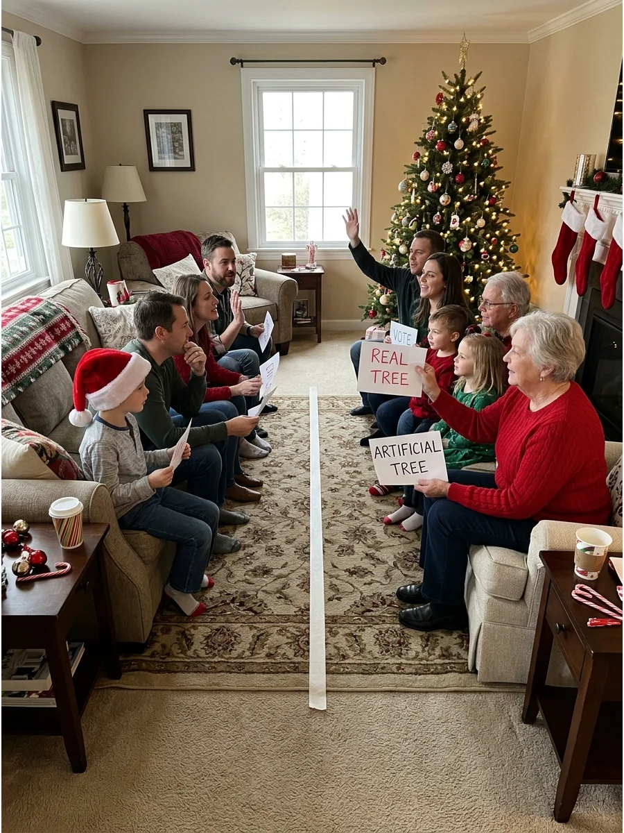 Family members standing on different sides of a living room for a voting game.