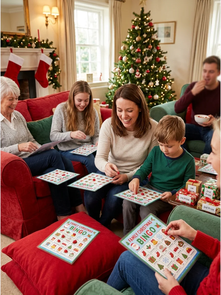 Family members playing Christmas bingo in a cozy living room.