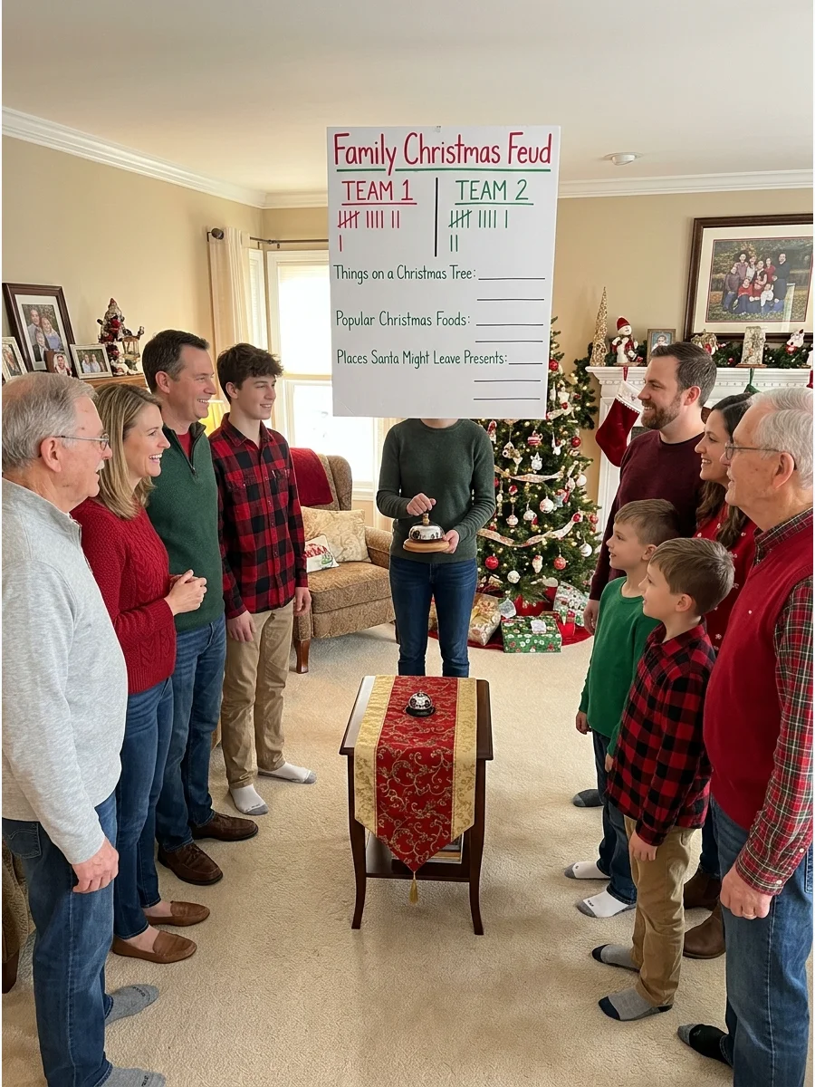 A family playing a survey-style trivia game in their living room.