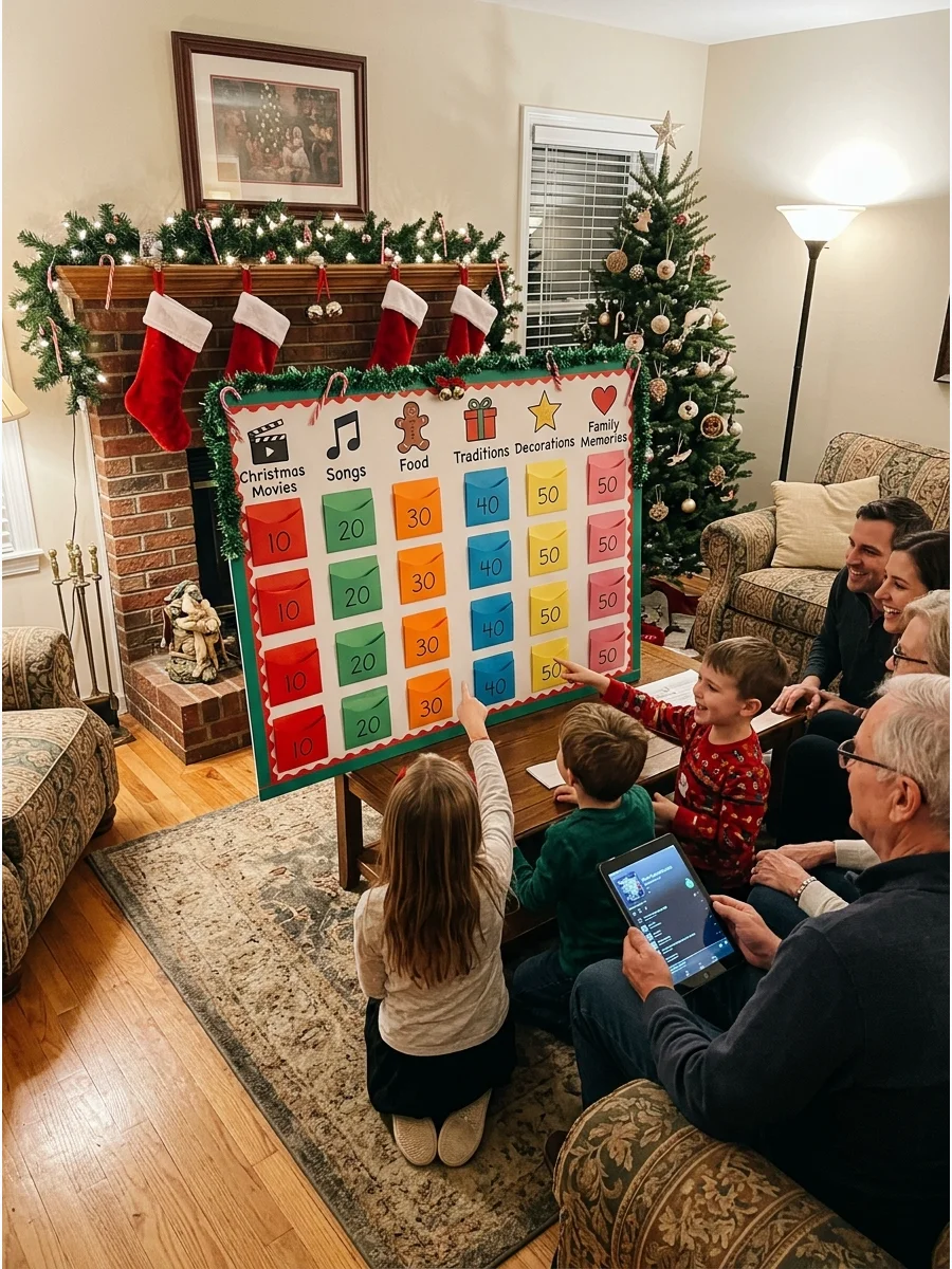 A homemade quiz show board with holiday categories and point values.