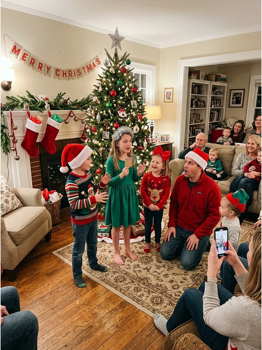 Family members performing a holiday skit in a festive living room.