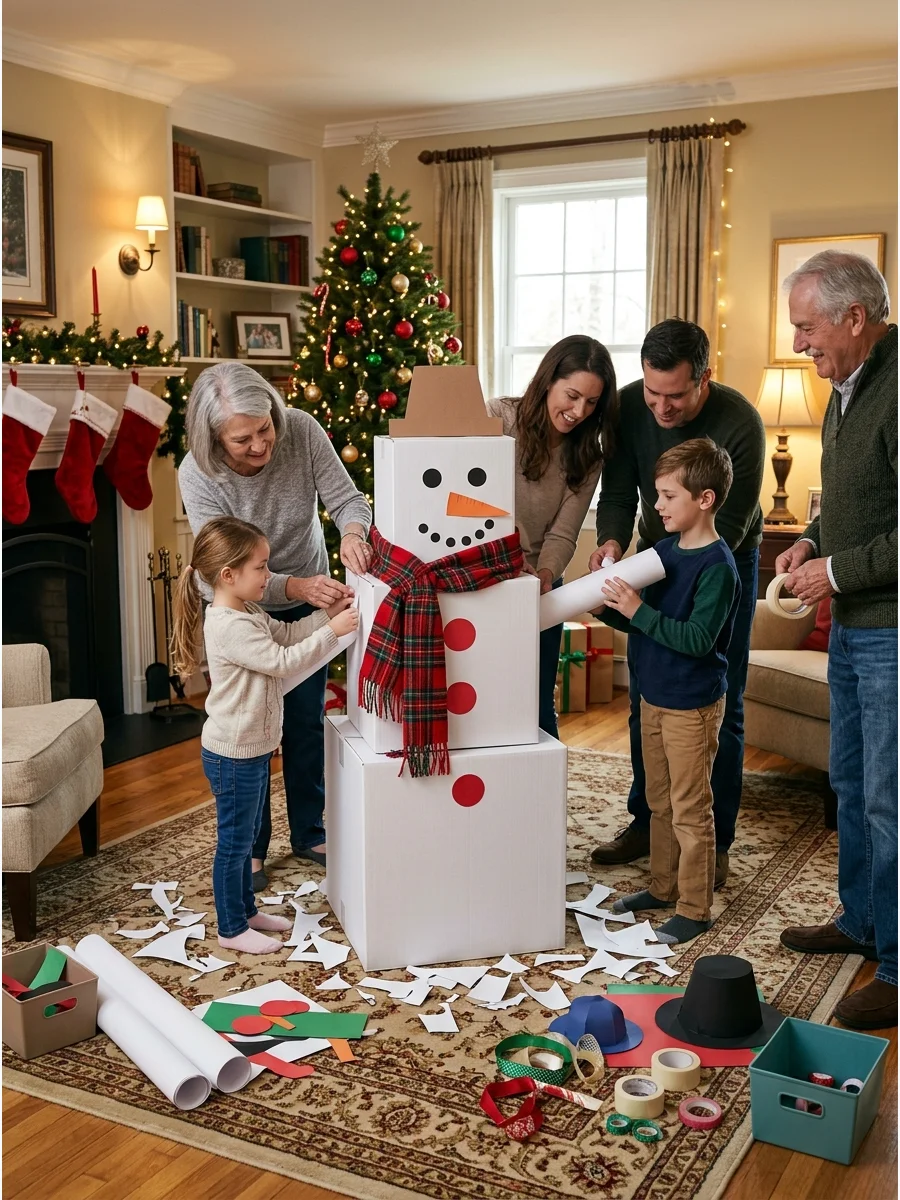 An indoor snowman craft made from boxes and paper decorations.