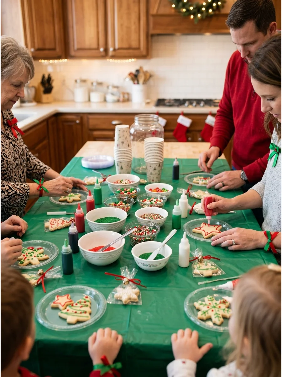 A kitchen counter set up with cookies and decorating supplies.