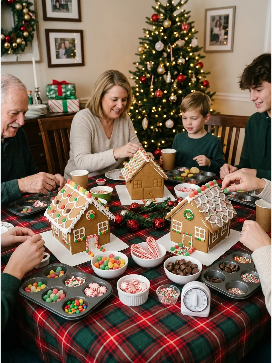 Decorated gingerbread houses on a table during a family competition.