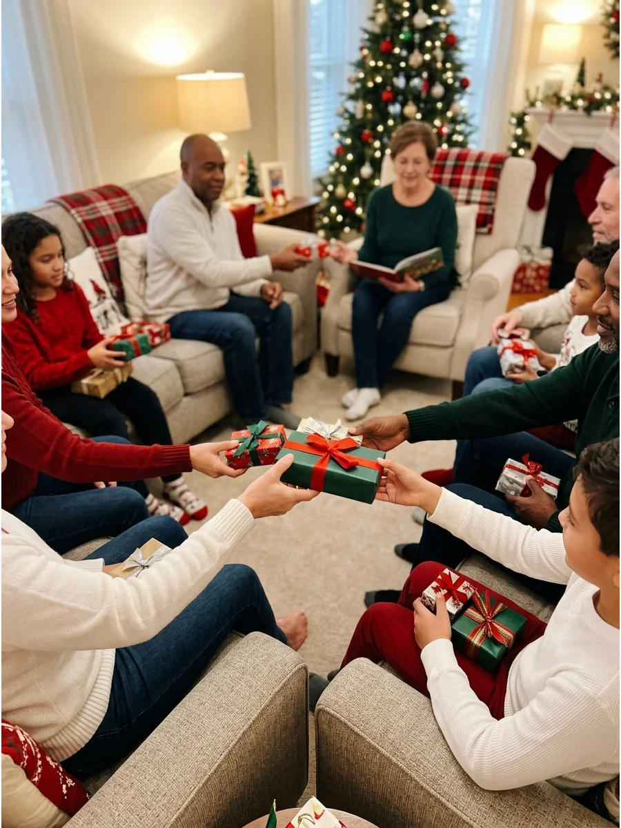 A group of people passing wrapped gifts while sitting in a circle.