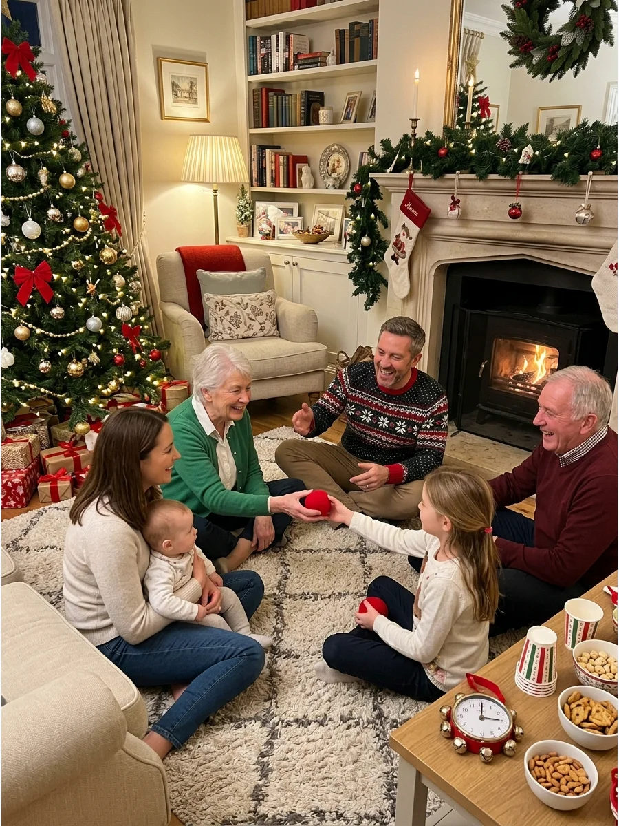 Family sitting in a circle in a cozy living room.