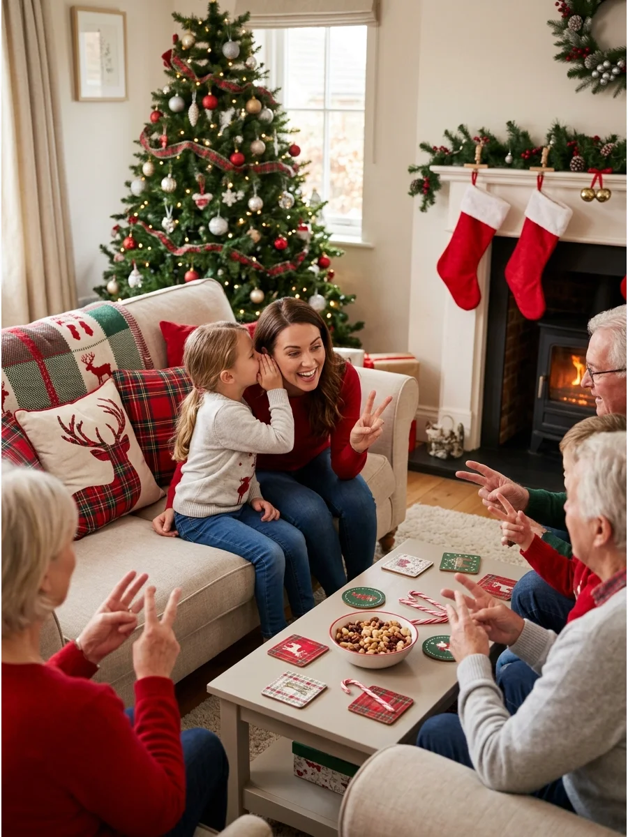 Child and adult playing a guessing game on a sofa.