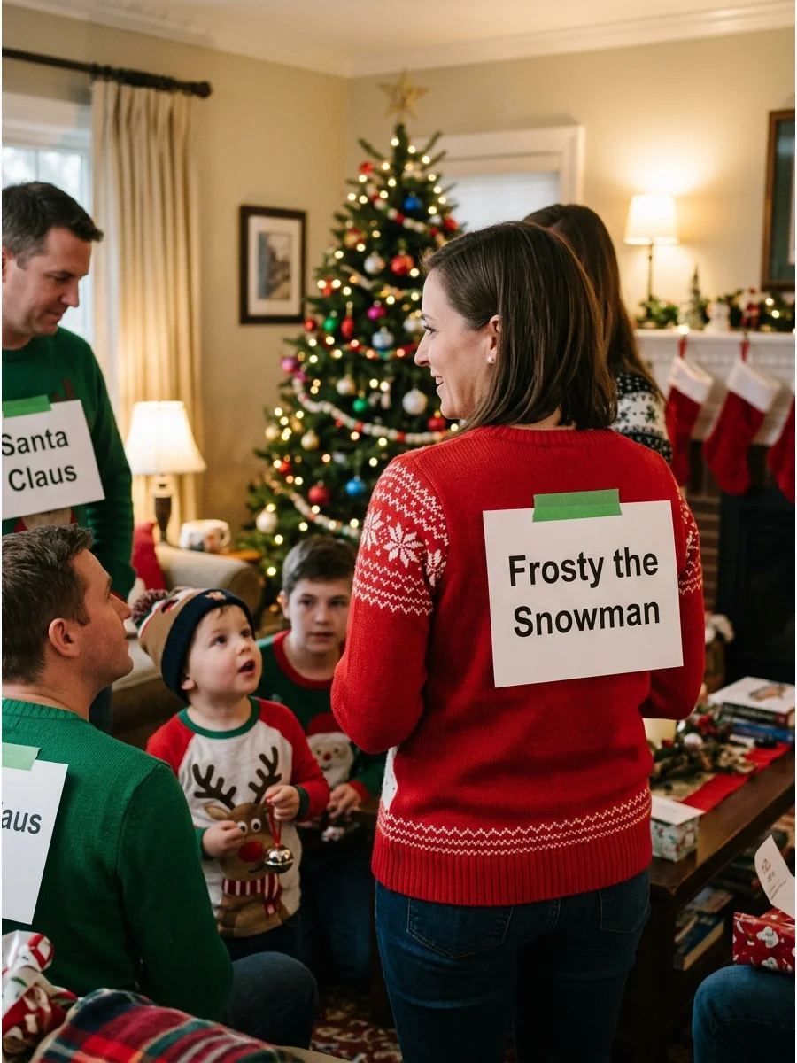 Person with a holiday character name taped to their back.