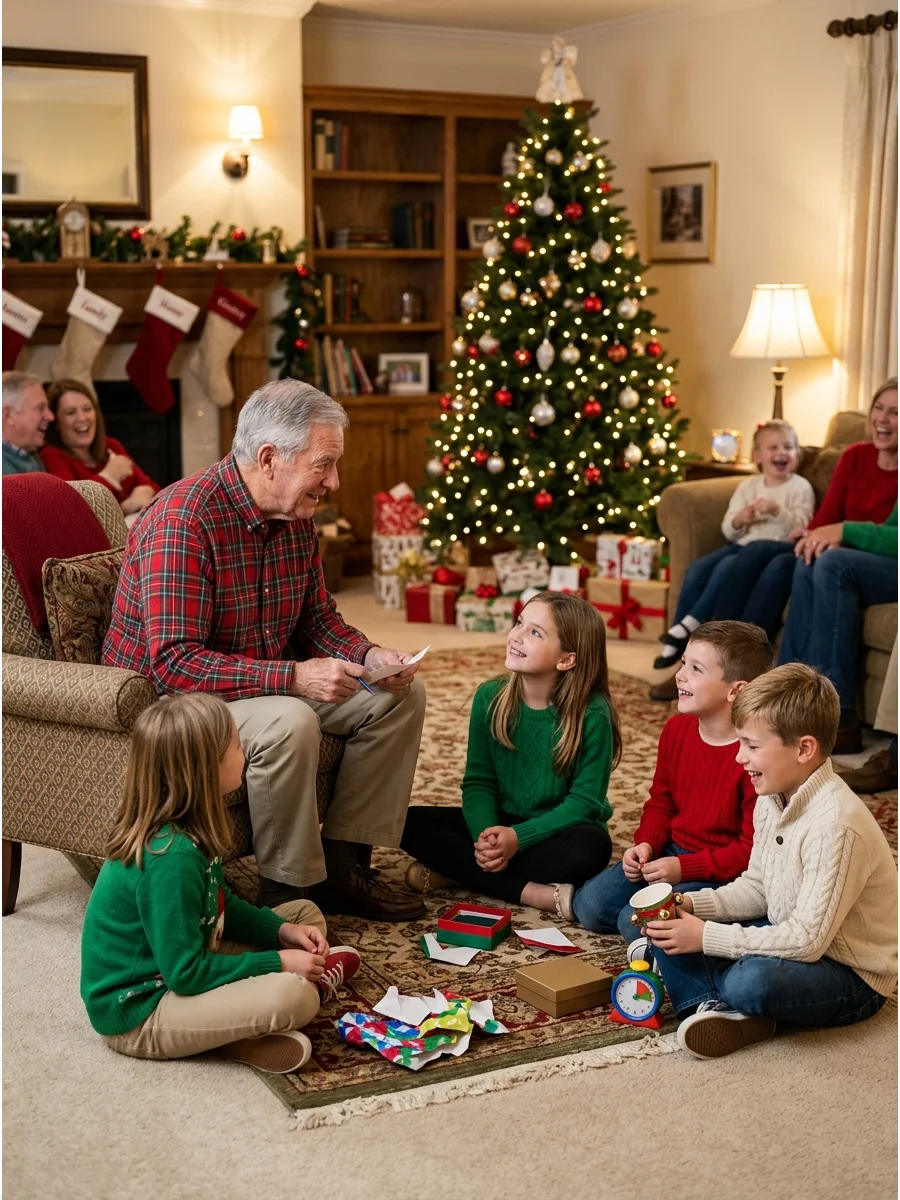 Grandfather telling a story to children in a decorated room.
