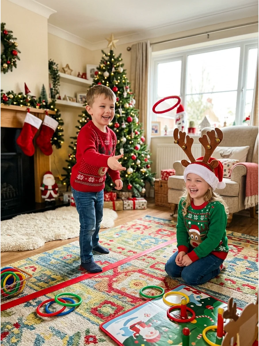 A child playing reindeer ring toss in a festive living room.