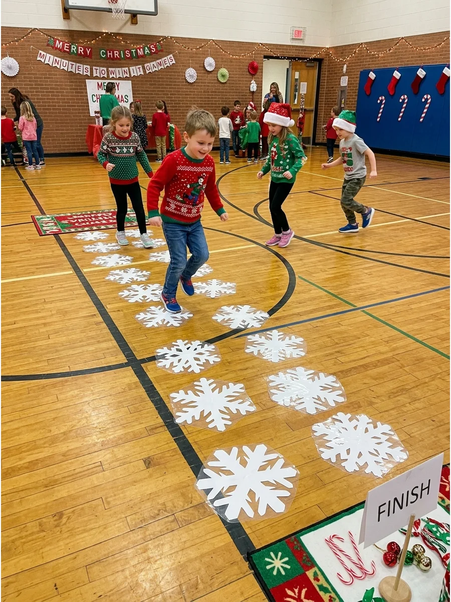 Paper snowflakes taped to a floor for a children's hopping game.