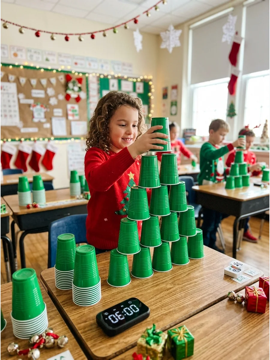 A student stacking green cups into a tree shape for a holiday game.