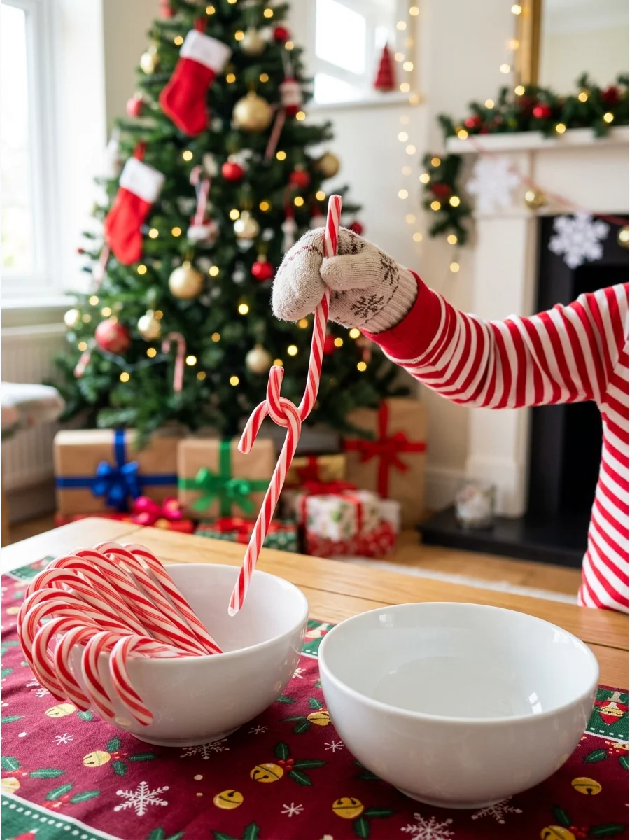 of candy canes being hooked and moved during a game.