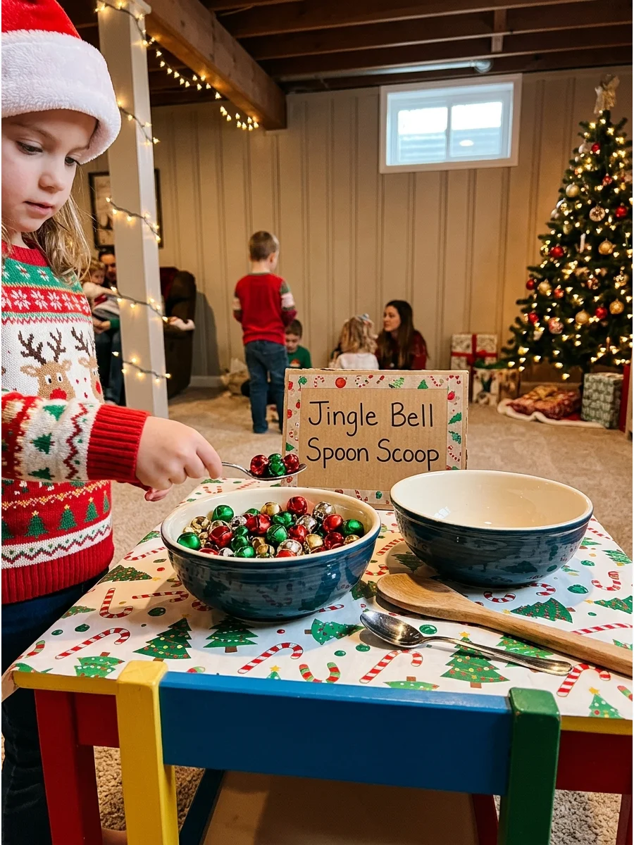 Jingle bells being moved between two bowls with a spoon.