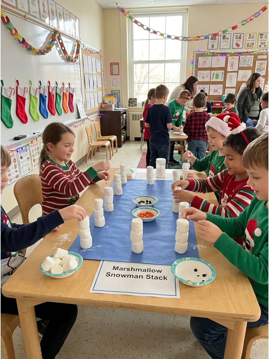 Small snowmen made of stacked marshmallows on a table.