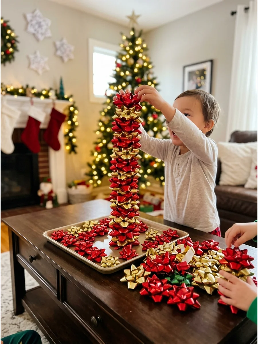 A vertical stack of shiny holiday gift bows.